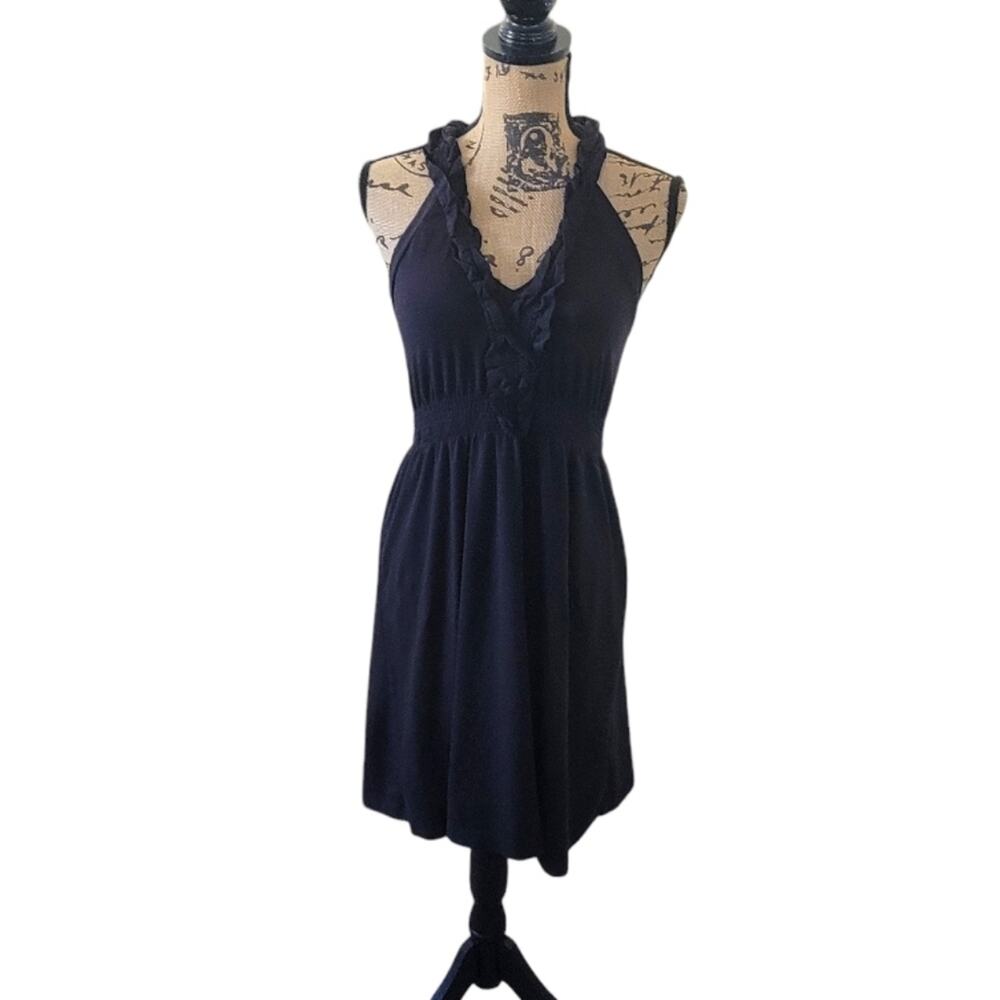 Theory XS black a-line dress ruffled v-neckline, knit, midi length sleeveless